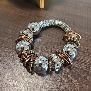 Statement Bracelet Silver Tone Copper Tone Rhinestone Accents Fashion Jewelry